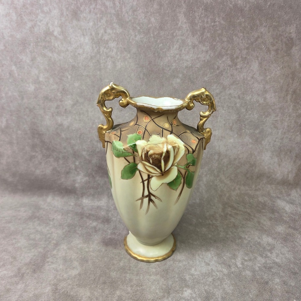 Antique Nippon Hand Painted Rose Vase Gold Gilt Double Handle Morimura Bros 6in